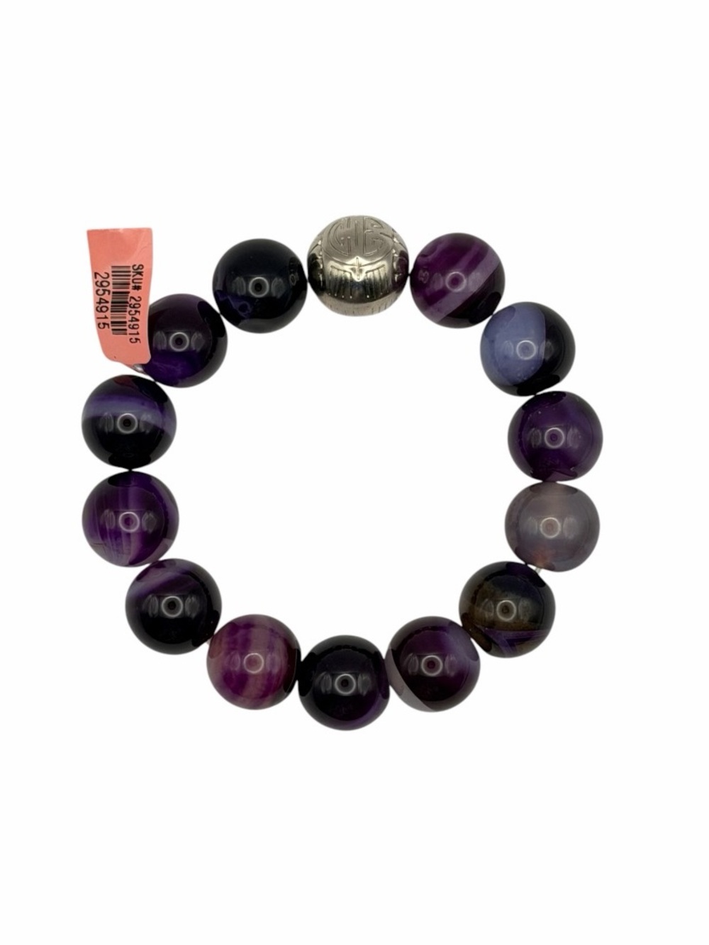 Purple Banded Agate-Like Stone Stretch Bracelet Chunky Silver Tone Vintage